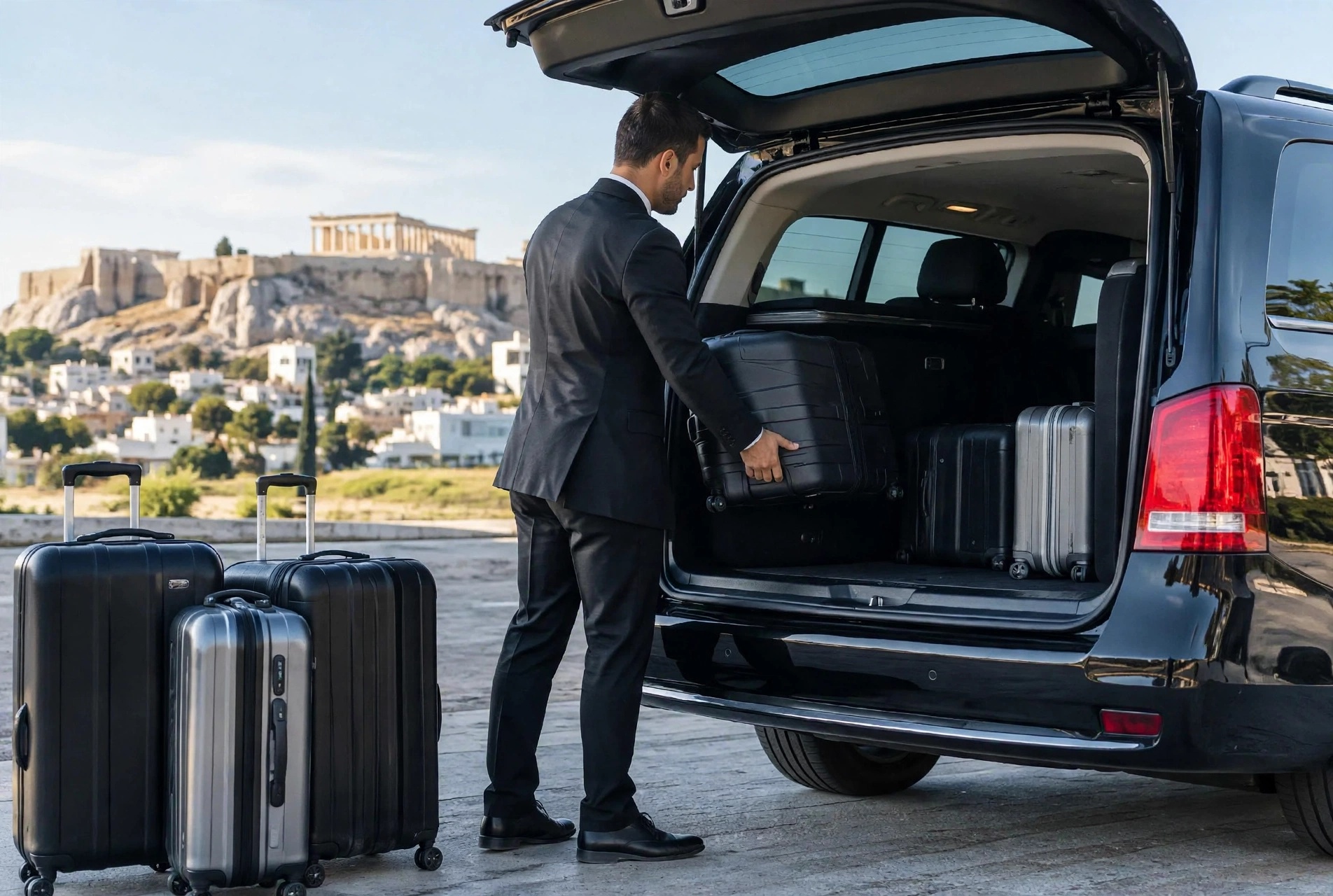 Professional chauffeur loading suitcases into a black Mercedes V-Class with the Acropolis of Athens visible in the background