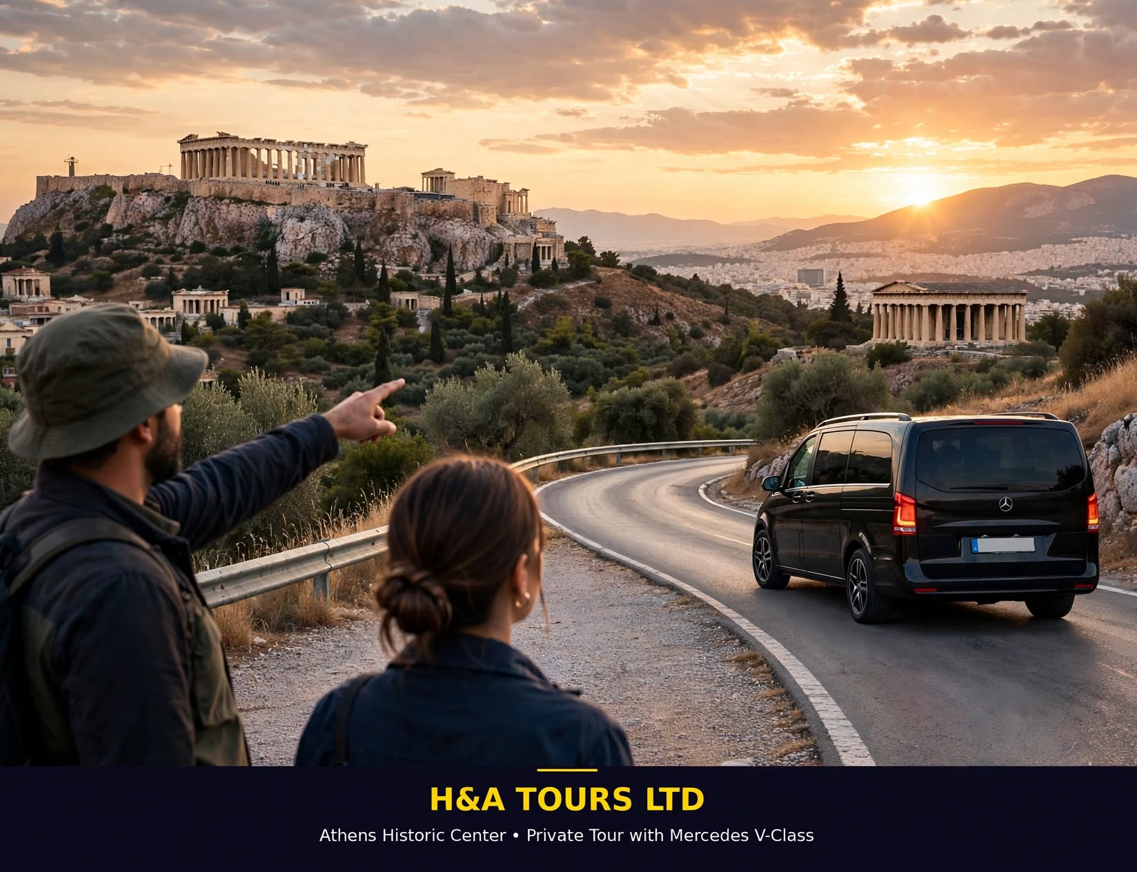 Black Mercedes V-Class on a scenic Athens road at golden hour with the Acropolis and a private tour guide pointing toward the ancient monuments