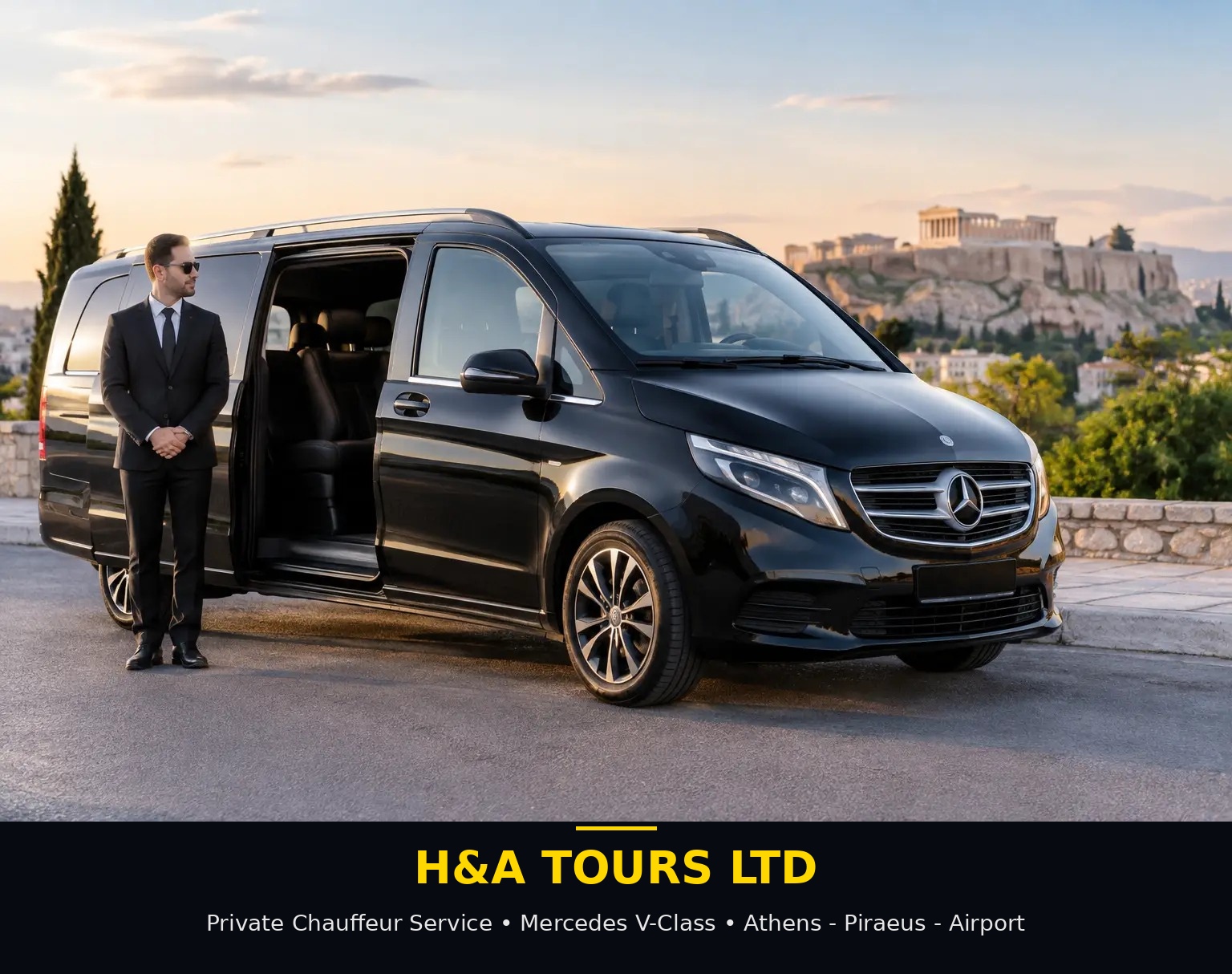 Black Mercedes V-Class with professional chauffeur and H&A TOURS LTD branding, Acropolis of Athens in the background