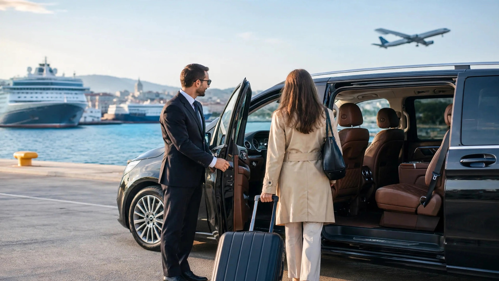 H&A Tours illustration with a Mercedes V-Class, a cruise ship in Piraeus and the Acropolis — private cruise transfer