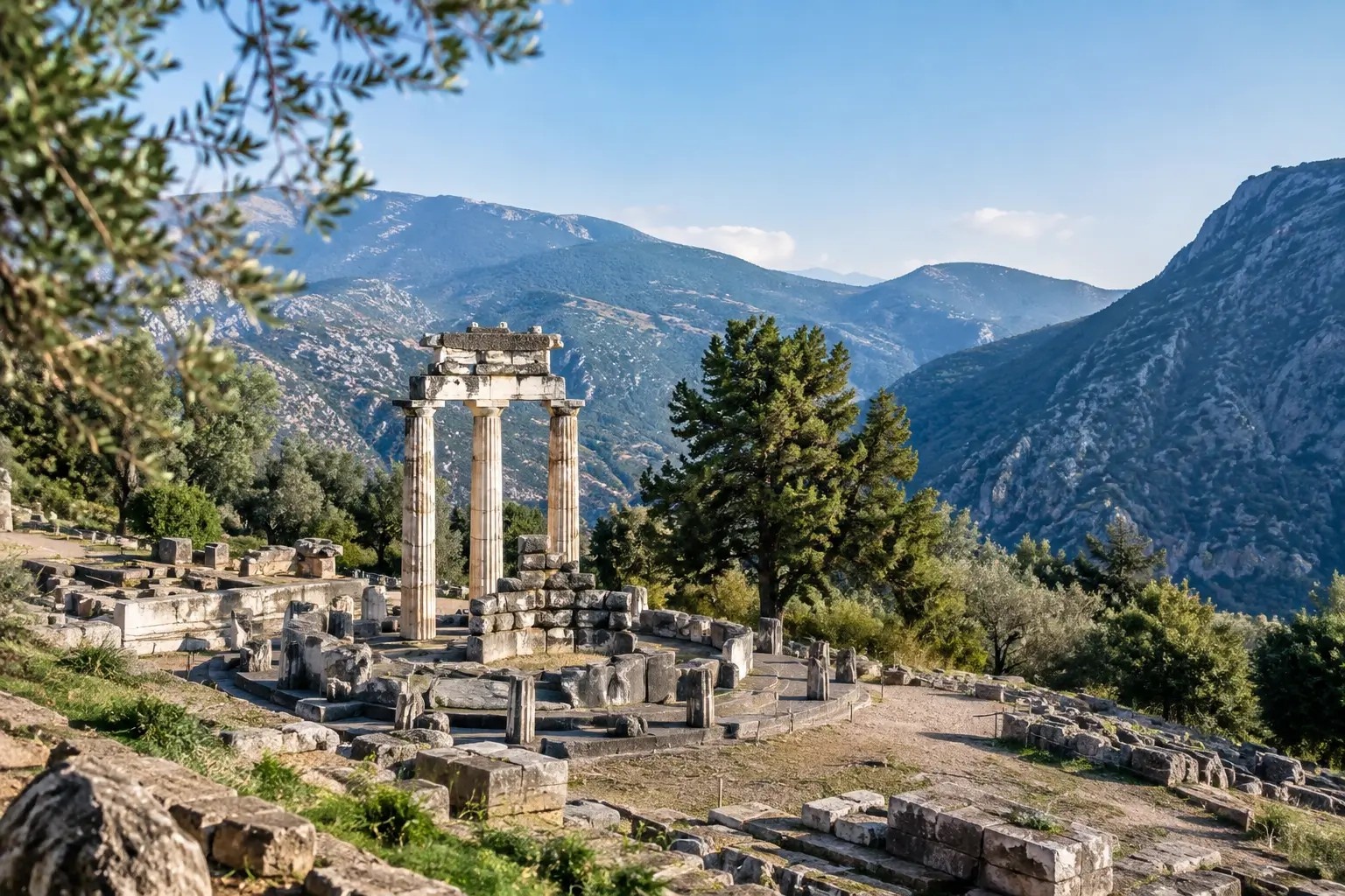 Ancient Tholos of Delphi ruins with Doric columns set against the mountains of Mount Parnassus and the Pleistos Valley