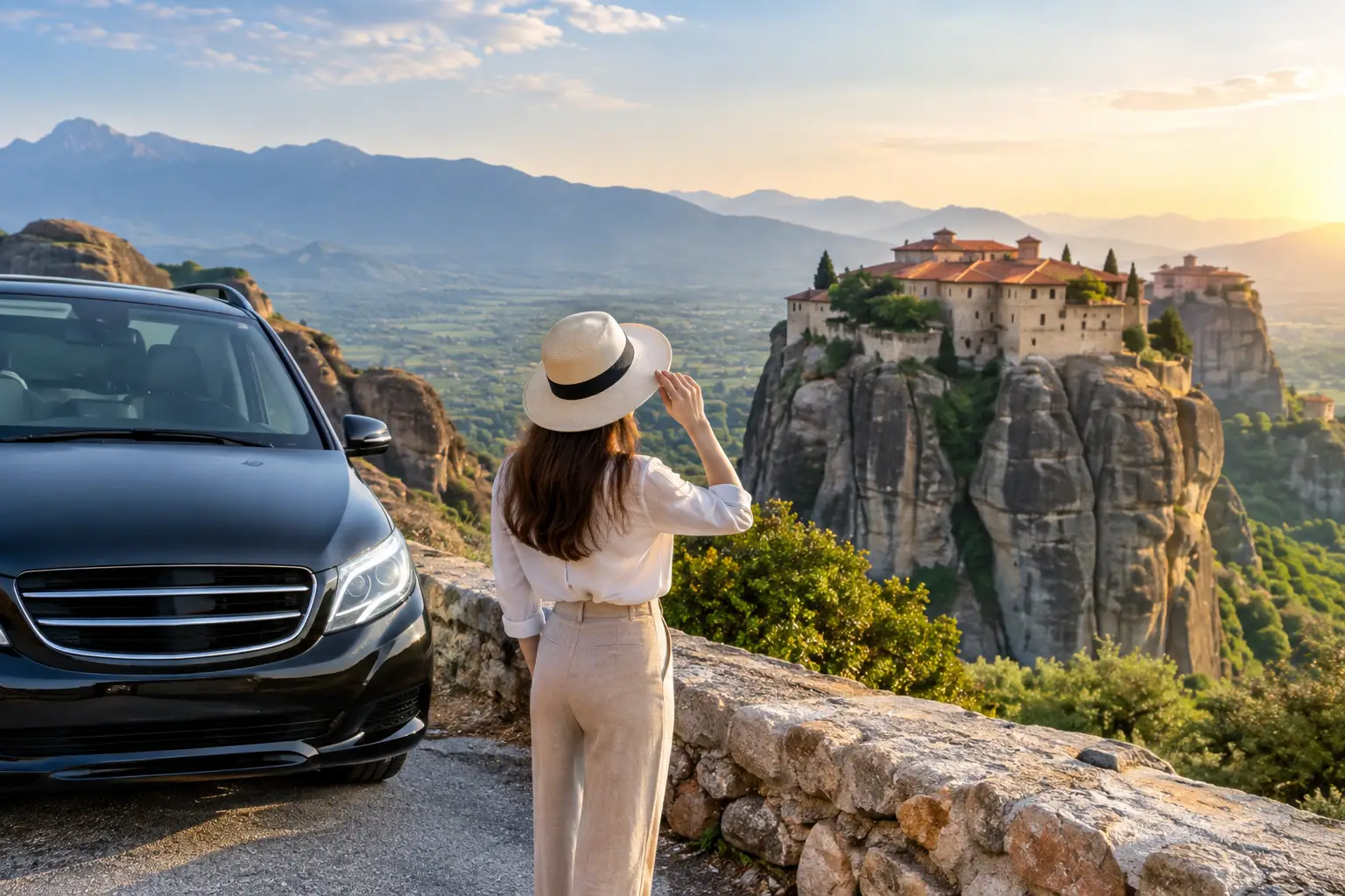 Woman in a sun hat standing beside a black Mercedes V-Class overlooking the Meteora monasteries on sandstone pillars at sunset