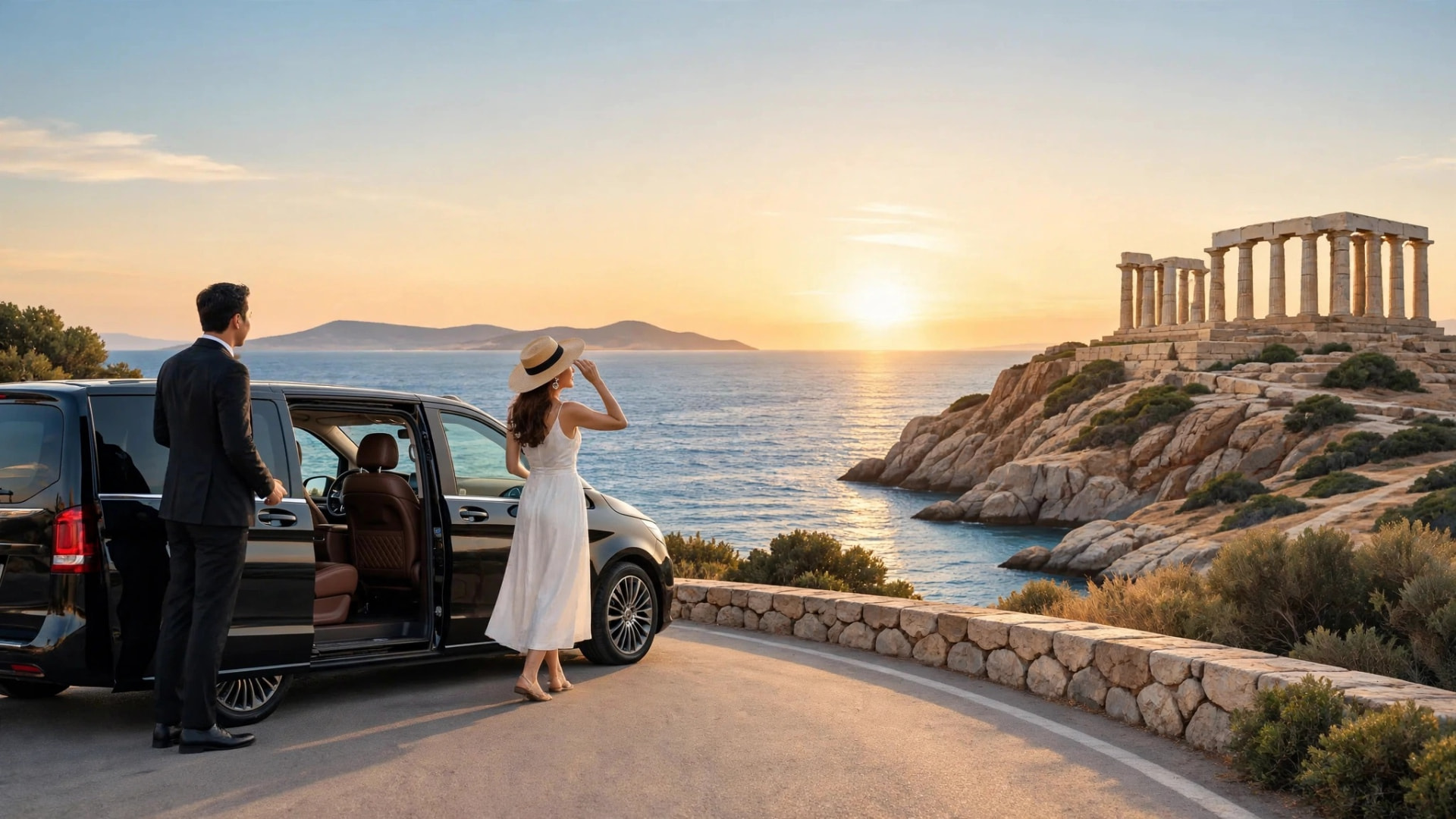 Elegant couple with a black Mercedes V-Class at Cape Sounion, the Temple of Poseidon silhouetted against a golden sunset over the Aegean Sea