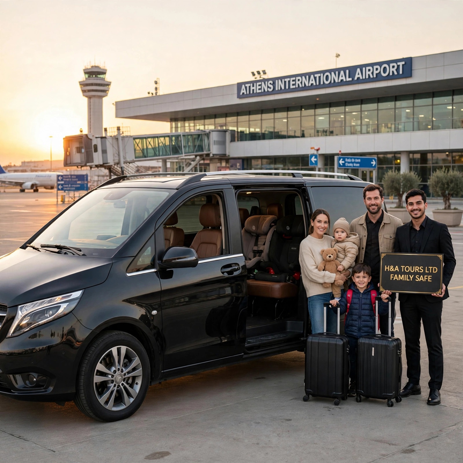 Black Mercedes V-Class at Athens International Airport with a family, two children, luggage and an H&A Tours Ltd Family Safe sign held by the chauffeur