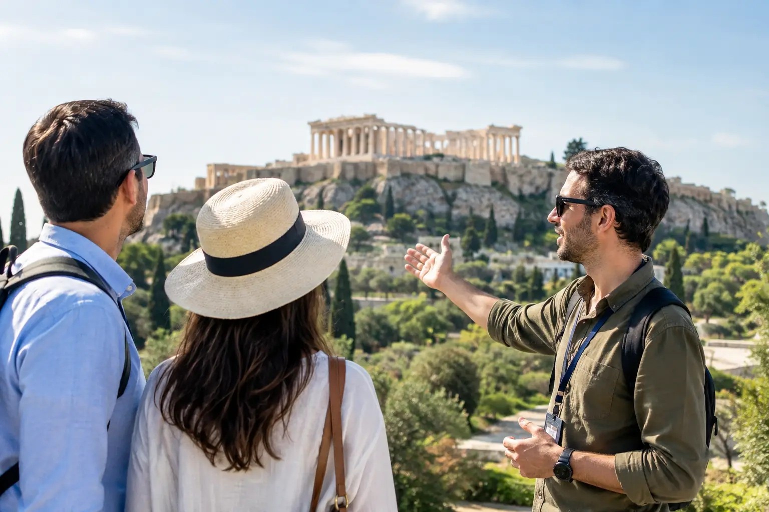 Private tour of Athens with a professional driver gesturing toward the Acropolis, with a couple enjoying the view on a sunny day